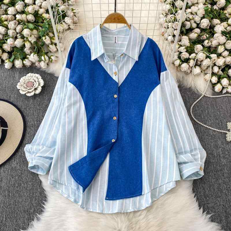 シャツ レディース 長袖 ストライプ柄 配色切り替え ポロ襟 ゆったり 体型カバー 韓国デザイン 上品 エレガント 通勤 オフィス ブラウス