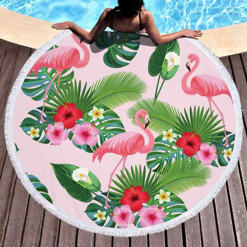 ビーチタオル マイクロファイバー 吸水 速乾 軽量 ラウンド 円形 3Dデジタルプリント フラミンゴ柄 バ..