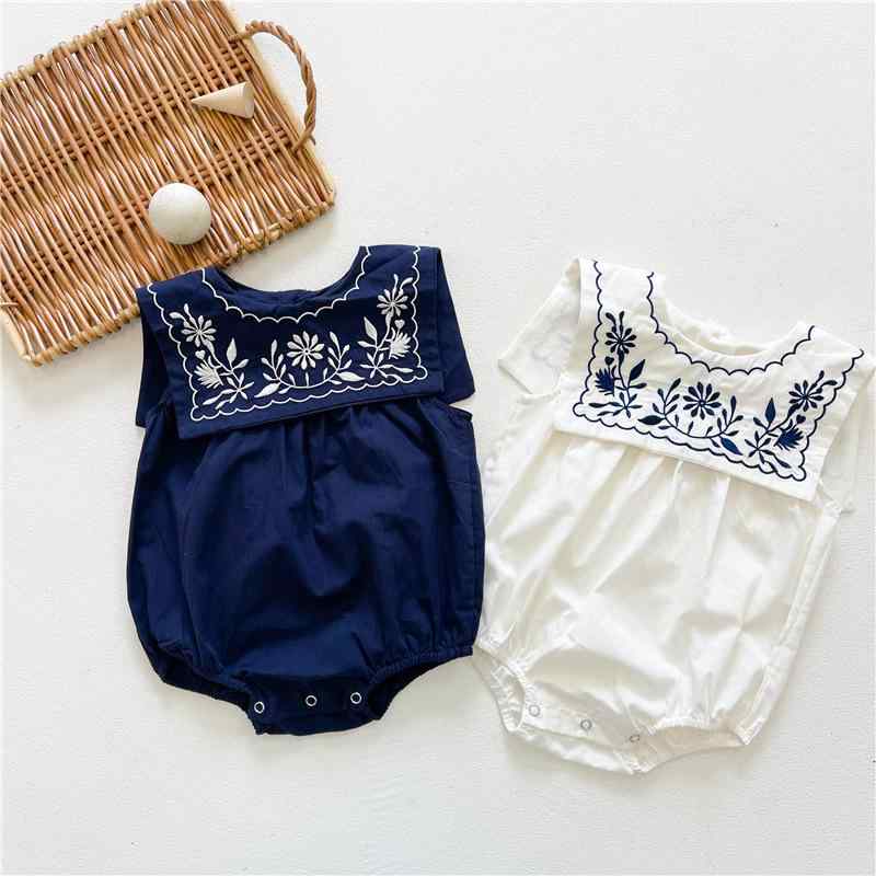 ロンパース 女の子 ベビー セーラー襟 うさぎ刺繍 ノースリーブ 薄手 コットン カバーオール ボディスーツ 春夏 1〜3歳 ネイビー ホワイト 韓流ファッション