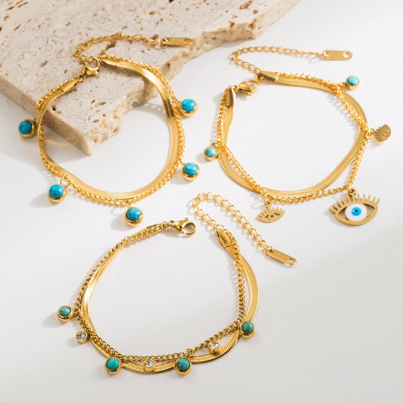 ブレスレット レディース サージカルステンレス 錆びない 欧米風 おしゃれ 個性的 二連 ターコイズ デ..