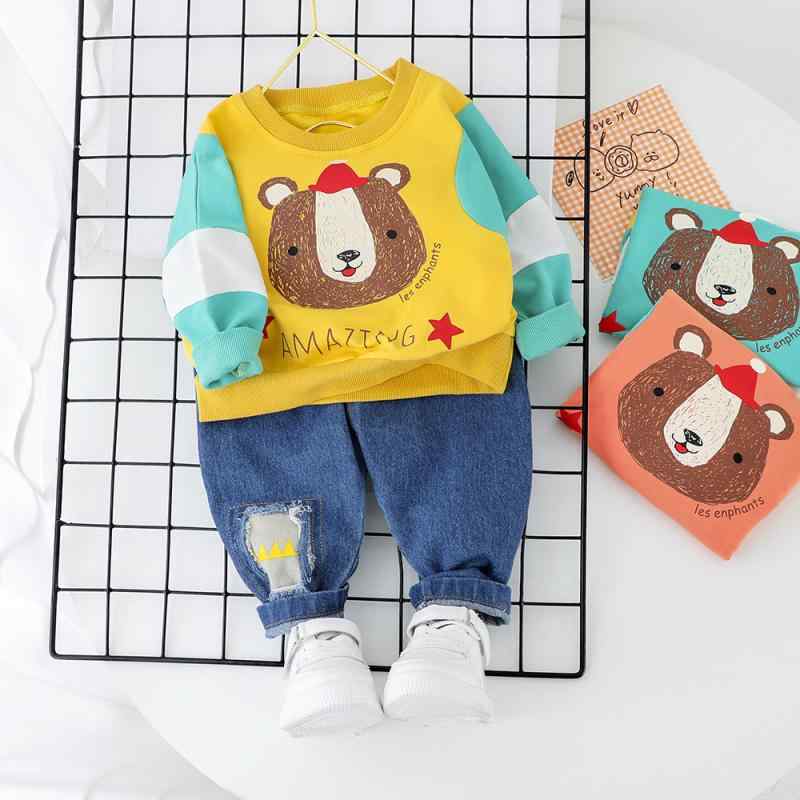 セットアップ キッズ 男の子 長袖 キャラクター 丸首Tシャツ デニムパンツ 上下セット 2点セット 春秋 ..