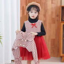 セットアップ キッズ 女の子 長袖 ボリュームチュール チェック柄 ポリエステル ジャケット プリンセスワンピース 韓国風 おしゃれ カジュアル 春秋冬 レッド...