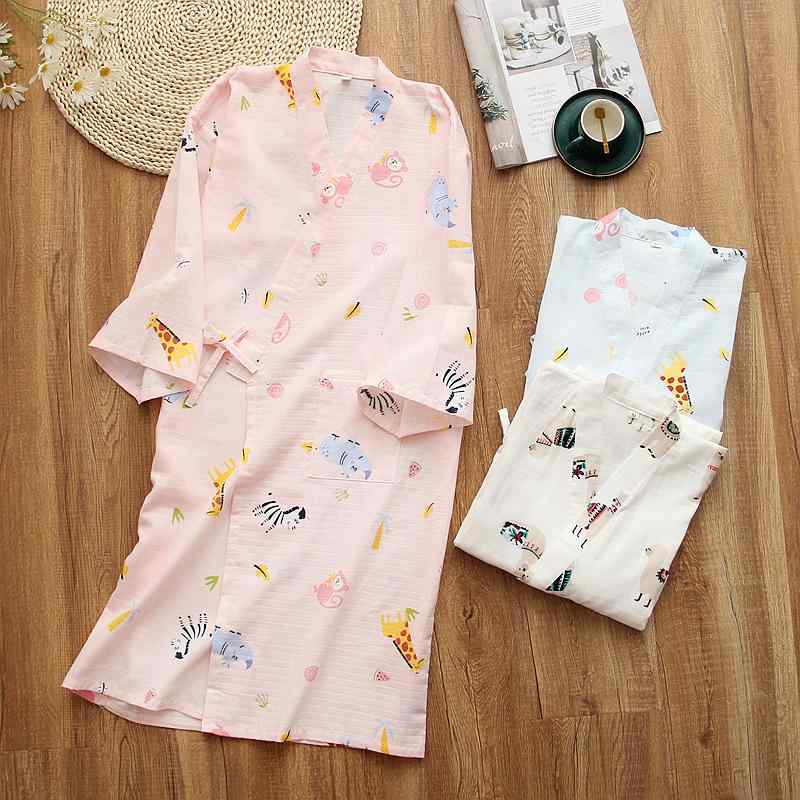 浴衣 レディース 薄手 軽量 吸水速乾 綿100% ガーゼ 春夏 七分袖 和風 かわいい 動物柄 花柄 ナイトガ..