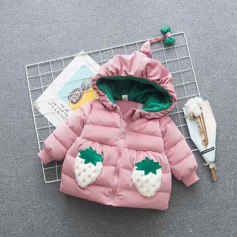 キッズ ベビー 女の子 冬物 厚手 防寒 暖かい コーデュロイ フード付き いちご柄 かわいい おしゃれ 中綿アウター ジャケット