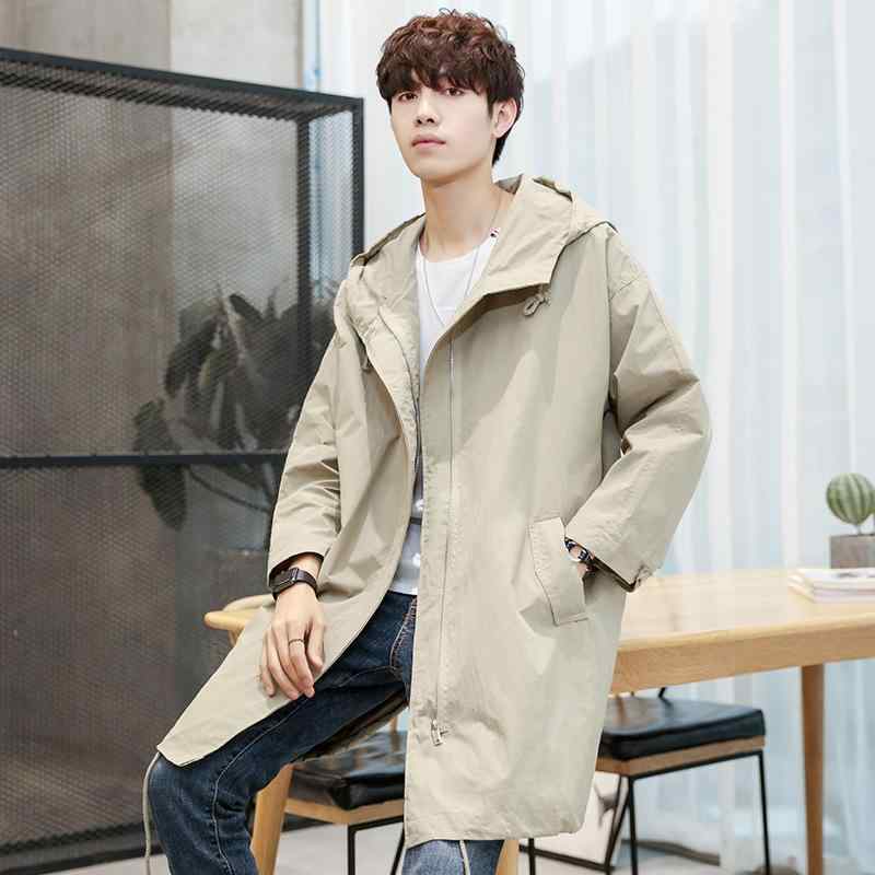 メンズ アウター 男性用 春秋 薄手 フード付き 無地 ゆったり ミドル丈 韓国ファッション カジュアル ウィンドブレーカー コットンブレンド イージーケア ポケット付き ファスナー