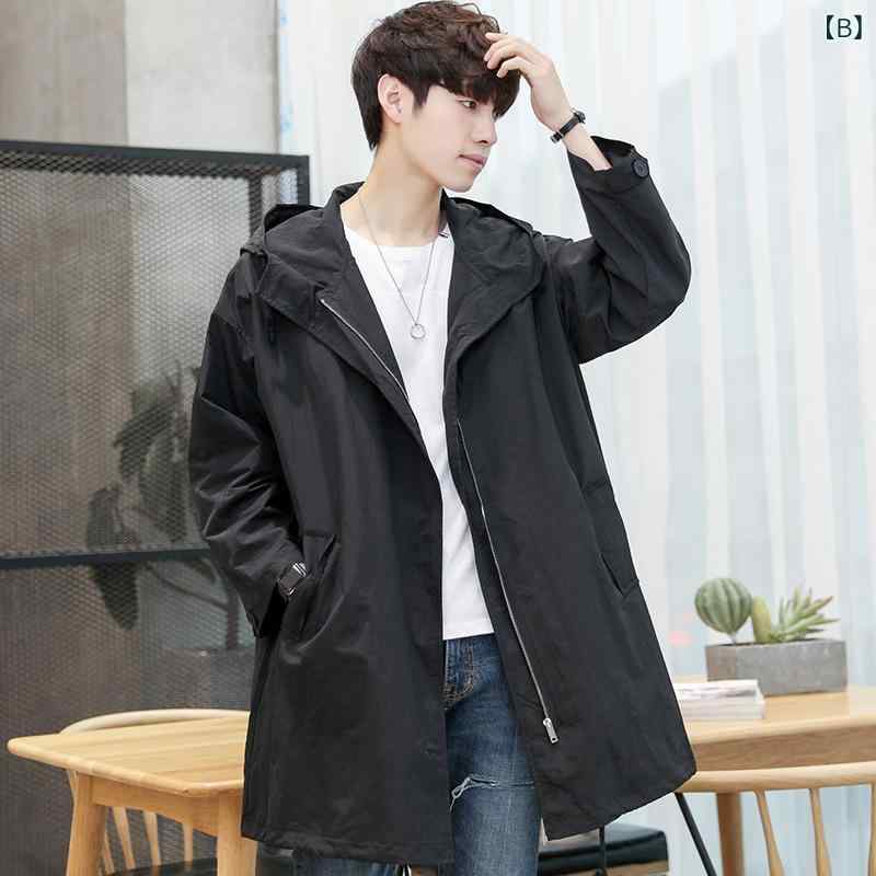 メンズ アウター 男性用 春秋 薄手 フード付き 無地 ゆったり ミドル丈 韓国ファッション カジュアル ウィンドブレーカー コットンブレンド イージーケア ポケット付き ファスナー