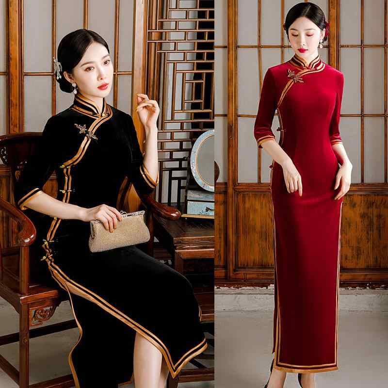 ワンピース レディース 女性 30代 40代 ベルベット レトロ チャイナドレス 七分袖 スタンドカラー 配色切り替え パイピング スリム ロング丈 スリット 秋冬春 パーティー 発表会 イベント 衣装
