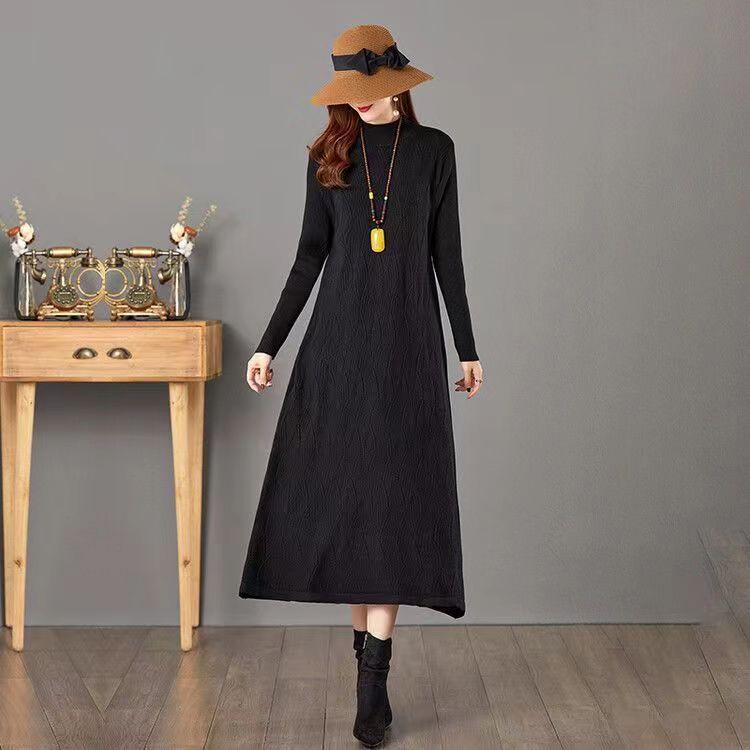 ニットワンピース レディース 春秋 長袖 ゆったり ミモレ丈 Aライン ハイネック プルオーバー 重ね着 インナー アクリル素材 きれいめ 上品 シンプル 大人カジュアル 通勤