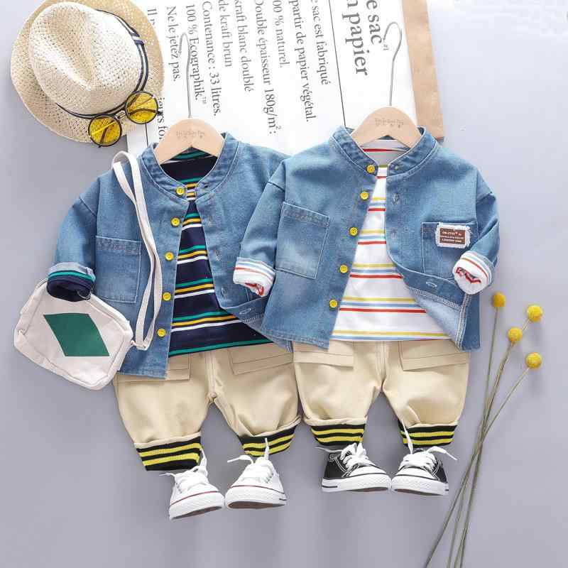 セットアップ キッズ 男の子 ベビー 幼児 1歳 2歳 3歳 秋冬 3点セット デニムカーディガン ストライプ柄長袖プルオーバートップス ロングパンツ 綿 コットン 普段着 通園 お出かけ 韓国ファッション カジュアル 白 紺 ネイビー