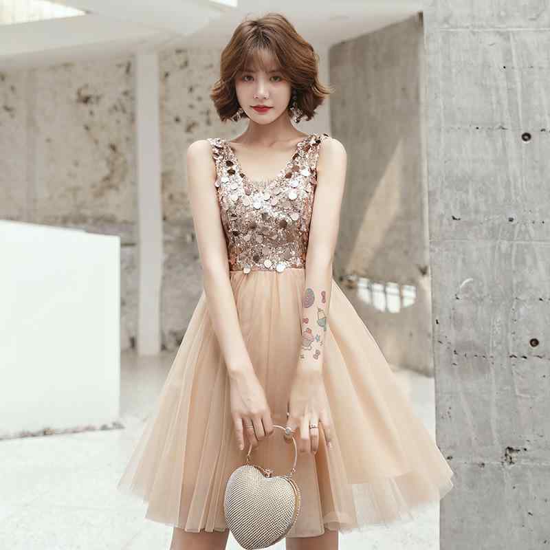 ドレス レディース 金色スパンコール 上品 ミニ丈 ノースリーブ パーティードレス ブライズメイド お呼..