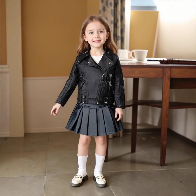 ジャケット 女の子 キッズ PUレザージャケット ソフト加工 スタンドカラー ジップアップ 長袖 ショート丈 おしゃれ 欧米風 アウター 親子コーデ 春秋冬