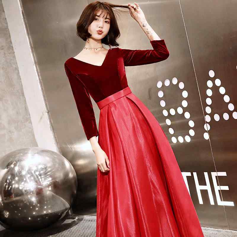 ロングドレス レディース ワインレッド 長袖 深Vネック マーメイドライン 編み上げデザイン シフォン素材 結婚式 二次会 披露宴 パーティー お呼ばれ 演奏会 司会 衣装 MC 春夏 フォーマル ブライダル ウェディング イブニングドレス