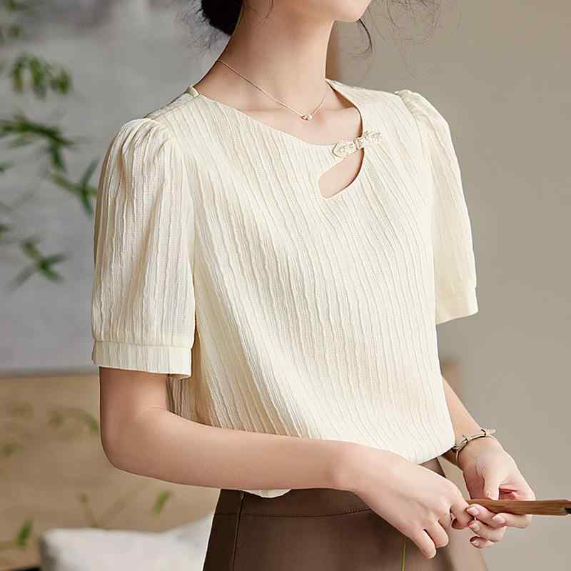 ブラウス レディース 新中式 盤扣 肌理感 不規則 カットアウト エレガント 通勤 オフィス カジュアル 春夏 長袖 ラウンドネック ポリエステル ライトベージュ