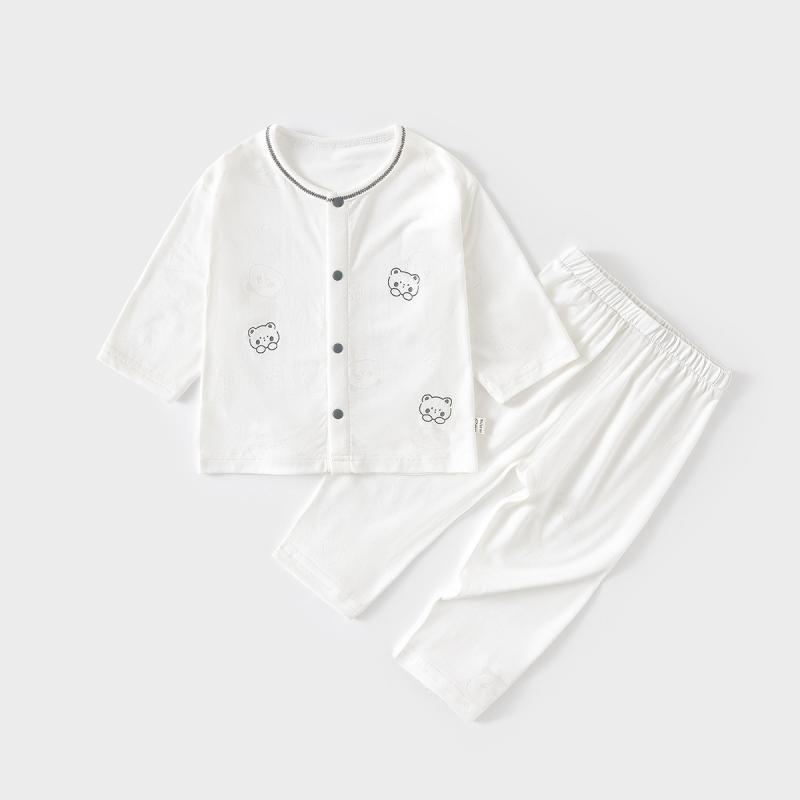 ベビー セットアップ 新生児 キッズ 上下セット 綿 コットン 薄手 吸湿速乾 やわらか 肌触り良い 春夏 冷房対策 ルームウェア パジャマ ゆったり トップス ロングパンツ 股下オープン かわいい アニマル柄 無地 ラウンドネック