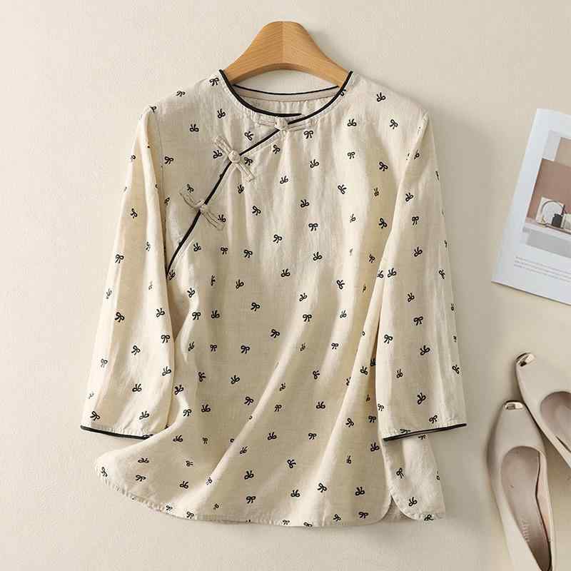 ブラウス レディース 女性用 綿麻 花柄 長袖 チャイナ風 レトロ ゆったり 体系カバー ラウンドネック 偏襟 アシンメトリー 飾りボタン 通勤 オフィス カジュアル 普段使い 春夏 カットソー トップス(4)