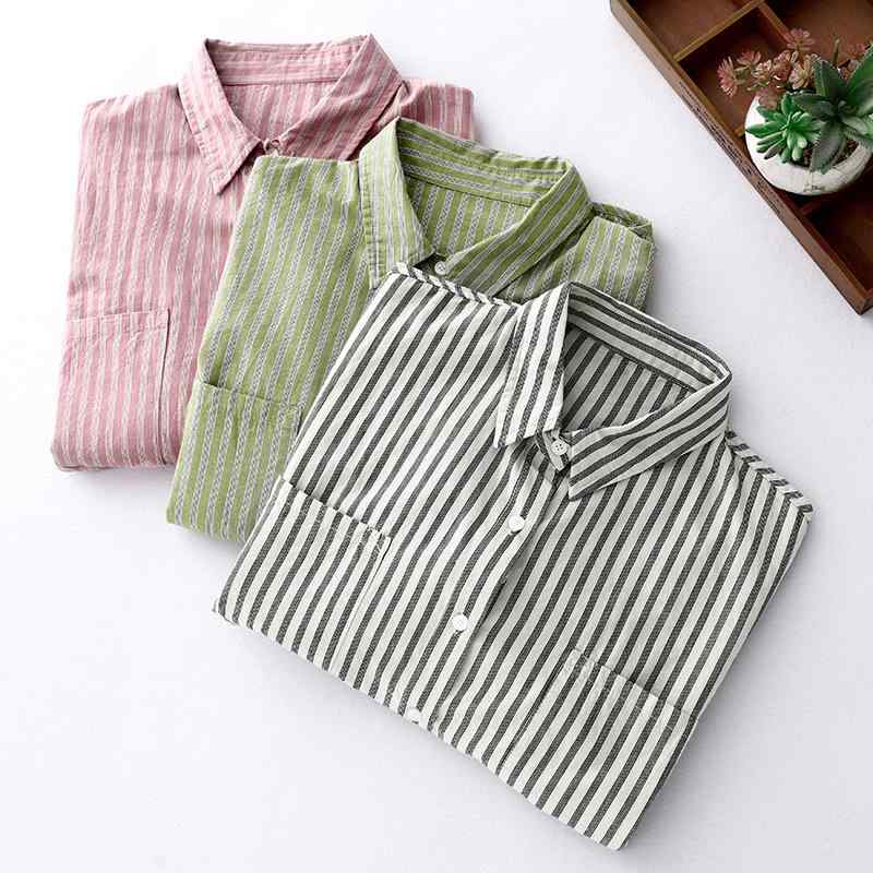 シャツ レディース ゆったり 細見え 長袖 ボタンダウン 綿麻 ストライプ 着回し 快適 カジュアル 通勤 春夏(4)