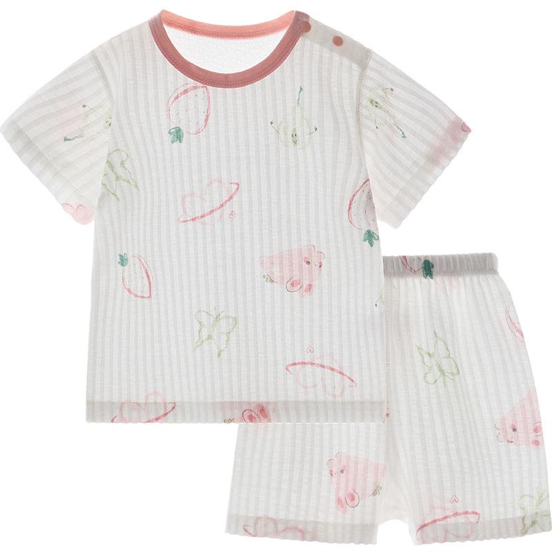 ベビー服 子供服 キッズ 赤ちゃん 男の子 女の子 男女兼用 薄手 通気性 吸汗速乾 肌に優しい 半袖 トップス パンツ 綿100% 夏服 部屋着 ルームウェア カジュアル キャラクター柄 2点セット(x2)