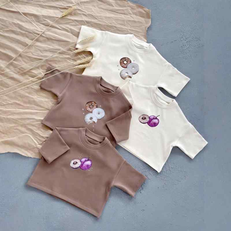 Tシャツ ベビー キッズ ジュニア 男の子 女の子 吸湿速乾 コットン 厚手 柔らかい肌触り 高品質 春夏秋 キャラクター柄 ドーナツ フルーツ 丸首 北欧風 カジュアル かわいい おしゃれ トップス