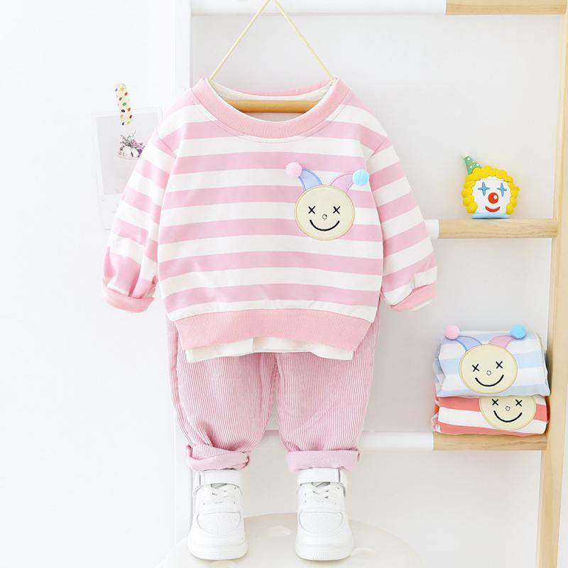 キッズ 女の子 セットアップ 春秋物 ラウンドネック ストライプ柄 長袖トップス ロングパンツ 2点セット コットン素材 韓国風 かわいい 普段着 ルームウェア 子供服 ベビー服