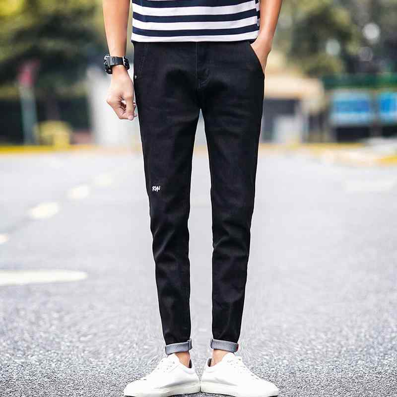 デニムパンツ メンズ スリムフィット ロールアップ 九分丈 英字刺繍 スキニー 韓国風 大きいサイズ ミ..