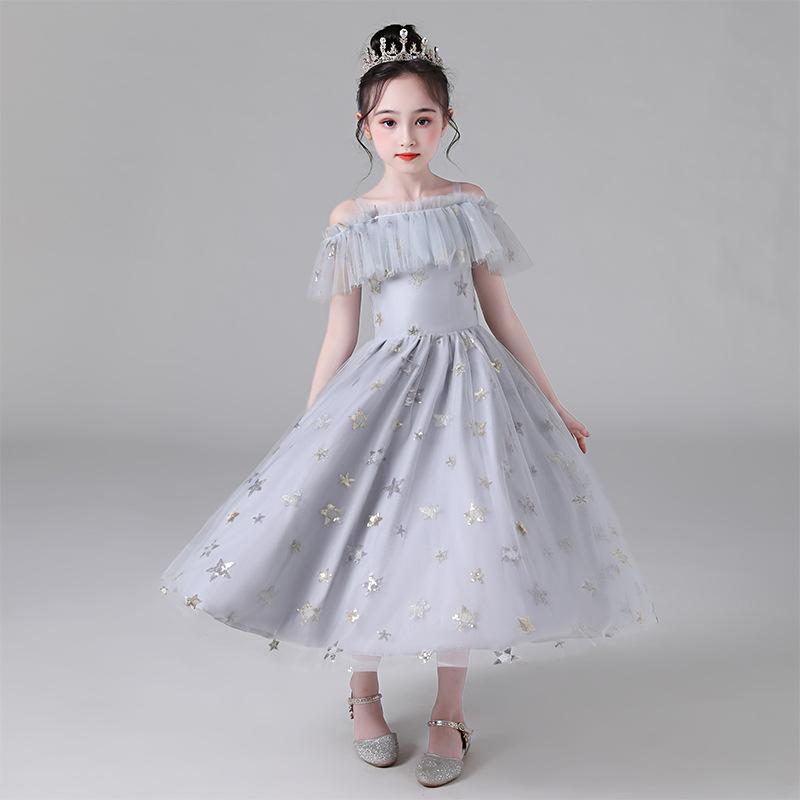 ドレス キッズ 女の子 フォーマル プリンセス 発表会 結婚式 フラワーガール 演奏会 ロング丈 ショート丈 ミディ丈 エレガント チュール プリーツ かわいい 子供服 ポリエステル グレー ホワイト シャンパン