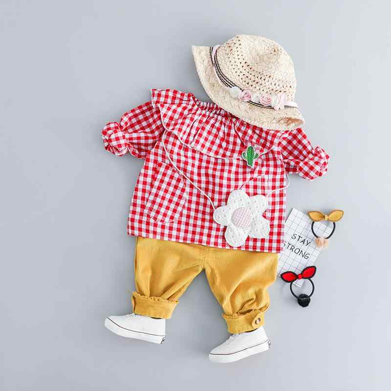 セットアップ 女の子 ベビー キッズ 子供服 股開き可能 おむつ替え楽々 韓国風 チェック柄 かわいい 付け襟 長袖 ロングスリーブ 2点セット 上下セット 綿 コットン 春秋 1歳 2歳 3歳 80 90 100cm プルオーバー