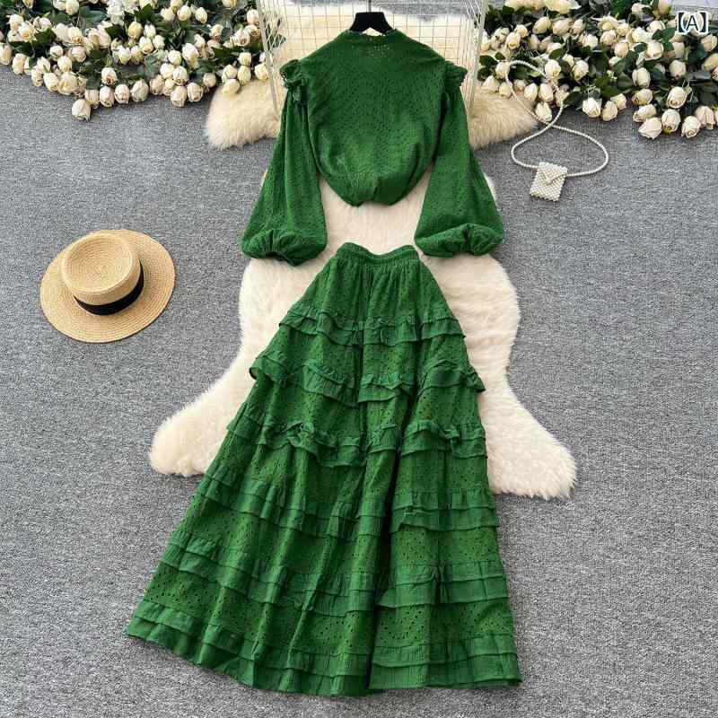 スカートセットアップ レディース 女性用 高級感 フレンチ 透かし彫り 刺繍 ランタンスリーブ 長袖ブラウス ハイウエスト フリル 切り替え ミディ丈スカート きれいめ 上品 エレガント オフィス カジュアル 秋冬 ツーピース