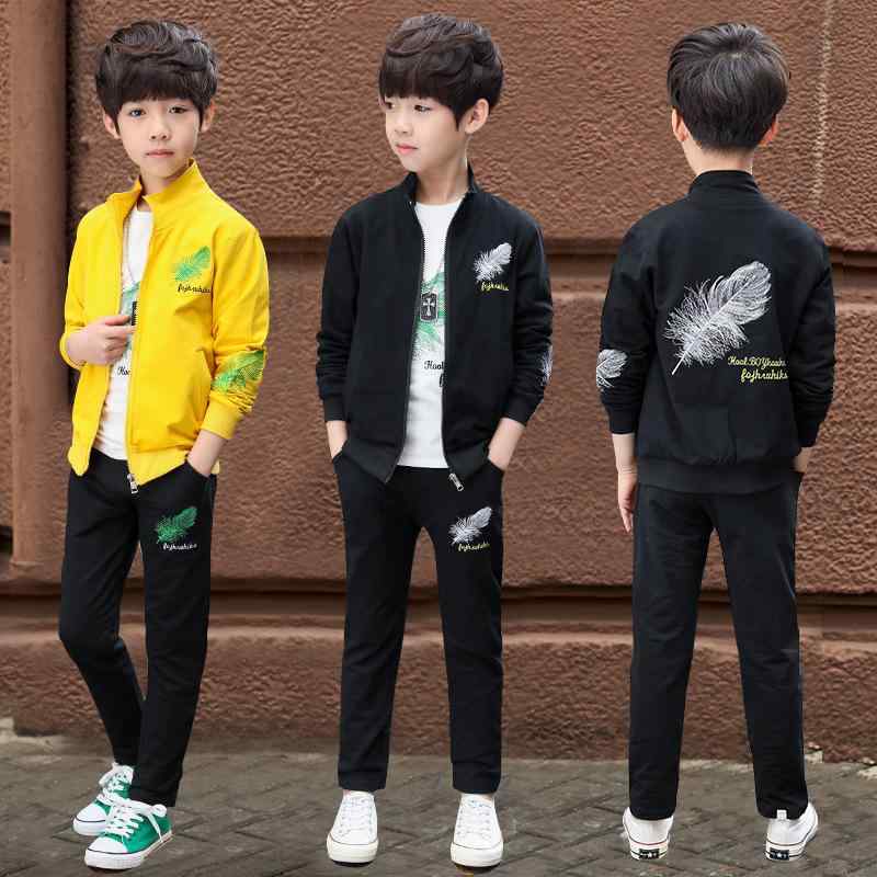 Rakuten - キッズ 男の子 春秋 スポーツウェア セットアップ 3点セット 羽柄 ジップアップパーカー 長袖 ロングパンツ 綿混 柔らかい肌触り 韓国風 カジュアル 普段着 通学 快適