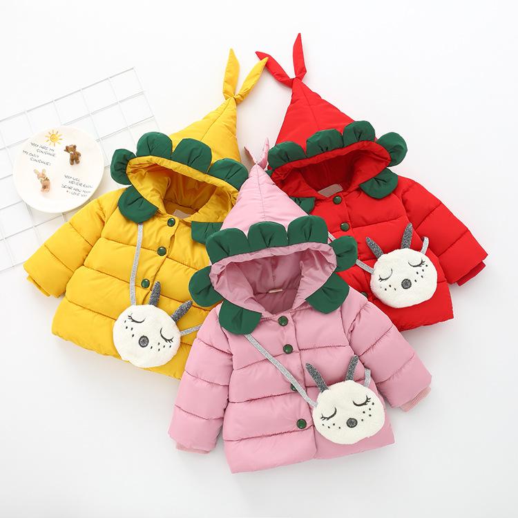 キッズ ガールズ ベビー アウター 厚手 防寒 中綿ジャケット フード付き 韓国風 キャラクター シングルボタン 前開き 秋冬 コットン 中綿入り 暖かい 通園 通学 イエロー レッド ピンク