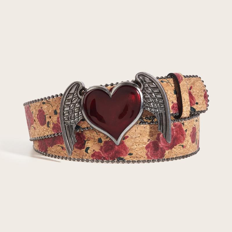 ベルト レディース 女性用 アメカジ ハート 翼 ビーズ スタッズ ローズ デニム 個性的 レトロ ヴィンテージ ヒップホップ PUレザー 不規則 非対称 電気メッキ 彫刻