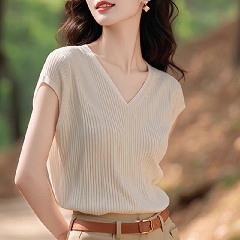 ニット レディース Vネック 半袖 薄手 ワッフル編み ゆったり 上品 きれいめ 大人カジュアル 通勤 フレンチスタイル 若見え 春夏 ポリエステル トップス