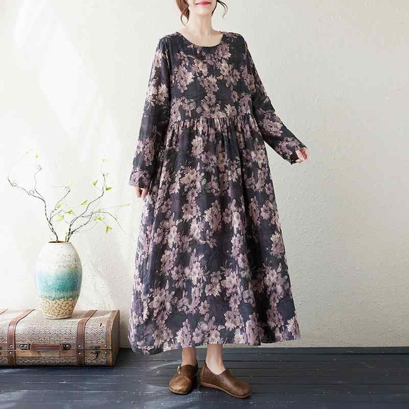 ワンピース レディース 綿麻 花柄 プリント ラウンドネック 長袖 春物 カジュアル ゆったり 大きいサイズ 体型カバー ぽっちゃりさん向け