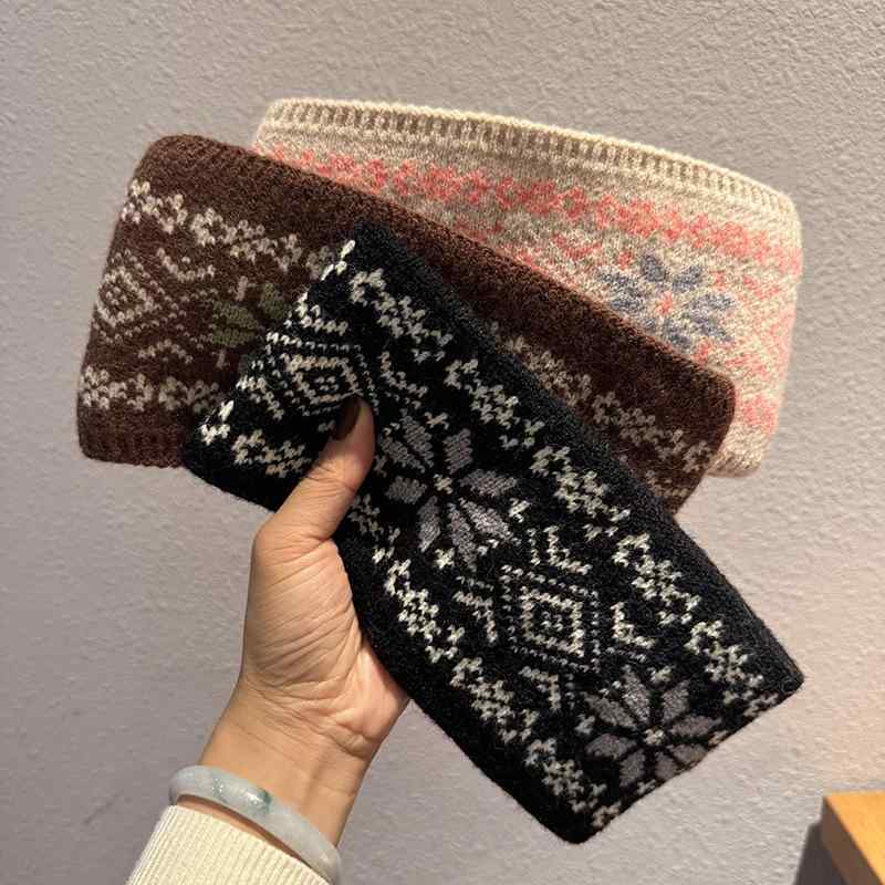 ヘアバンド ユニセックス 男女兼用 伸縮性 ストレッチ 幅広 ジャガード織り ニット スノーフレーク 雪の結晶柄 フレンチスタイル 秋冬 毛糸 髪飾り 切り替え