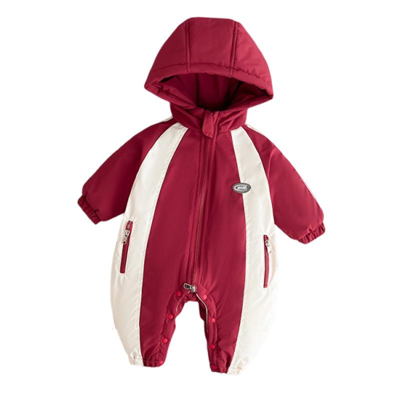 ロンパース ベビー 男の子 女の子 秋冬 裏起毛 フード付き 切り替え フルジップ 長袖 防風 防寒 外出着..
