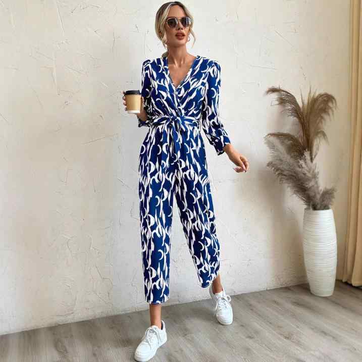 連体パンツ レディース 女性用 ホルターネック ノースリーブ ウエストゴム プリント ストレートパンツ ショート丈 ダークブルー エレガント 上品 カジュアル 韓国ファッション 秋冬