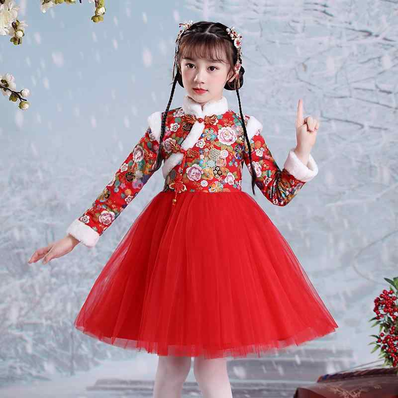 チャイナドレス 女の子 キッズ ジュニア 裏起毛 冬服 花柄 赤 レッド 中国風 エスニック 旧正月 新年 ..