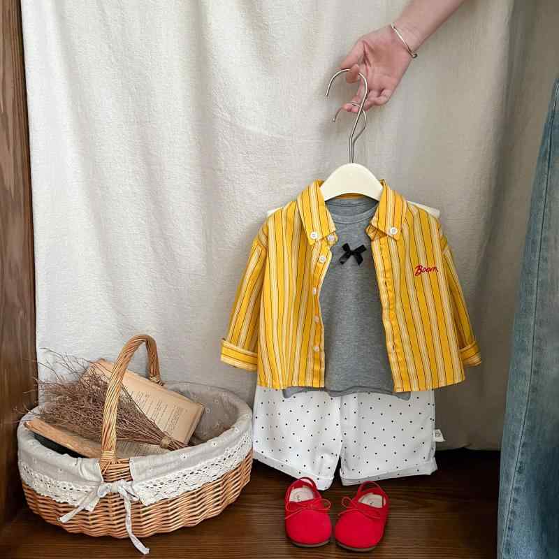 Rakuten - シャツ ガールズ ベビー キッズ 幼児 子供服 韓国風 オルチャンスタイル 春秋 柔らか コットン 肌に優しい 長袖 襟付き イエロー ストライプ デイリーユース カジュアル かわいい おしゃれ