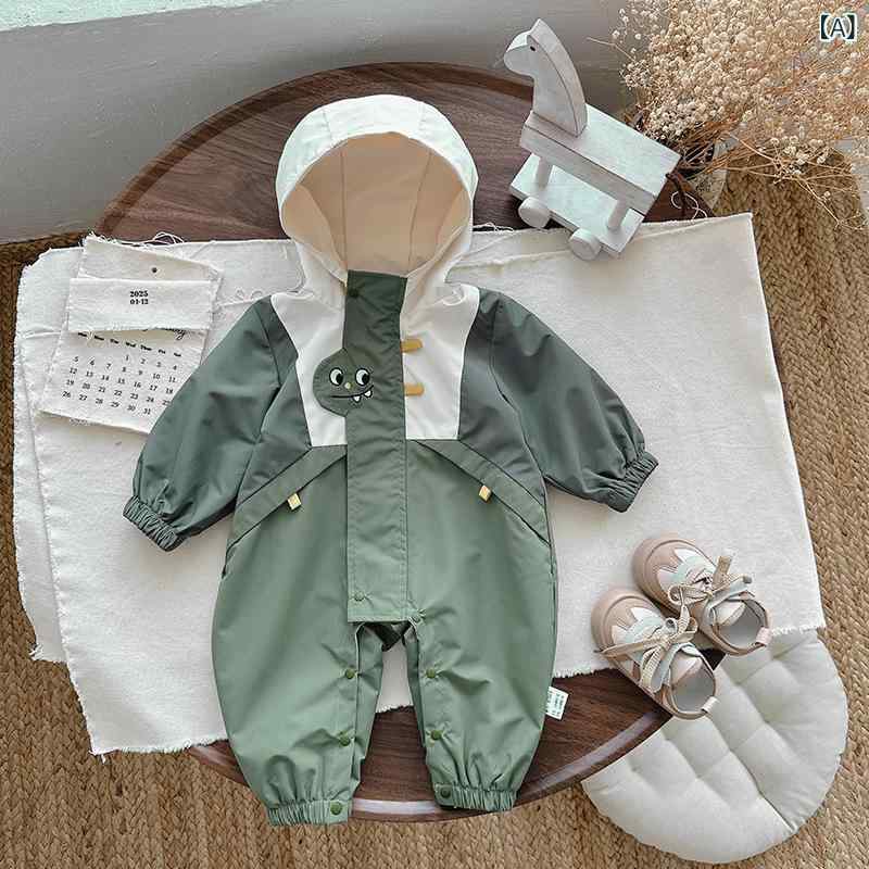 ロンパース 男の子 ベビー 新生児 幼児 春秋 お出かけ 防風 フード付き ジップアッ...