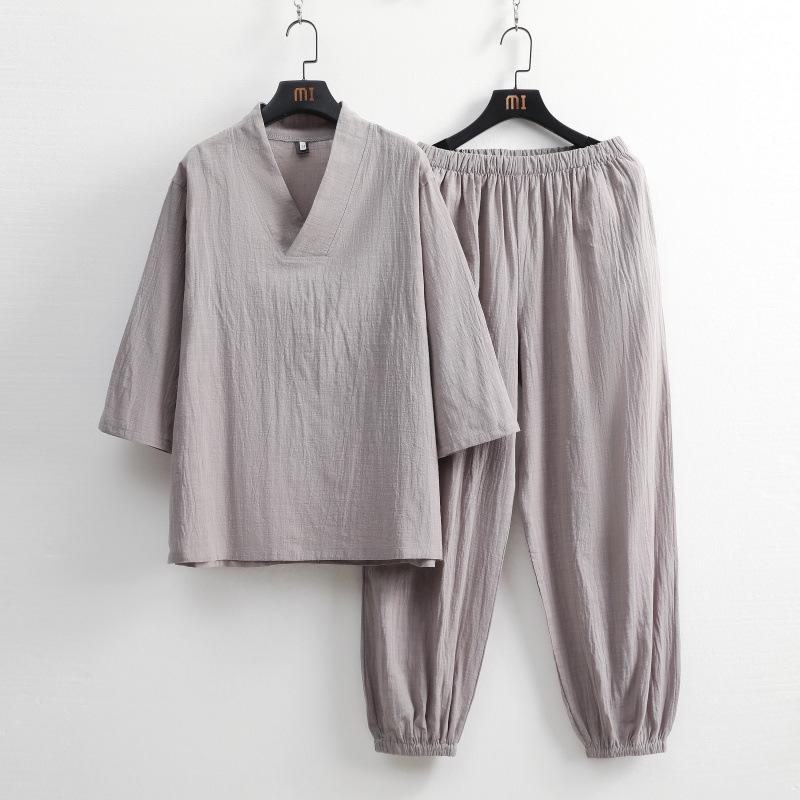 セットアップ 男女兼用 七分袖Tシャツ スラブ綿麻 中国風 ヨガ 瞑想 リラックス ルームウェア 春夏 ロングパンツ