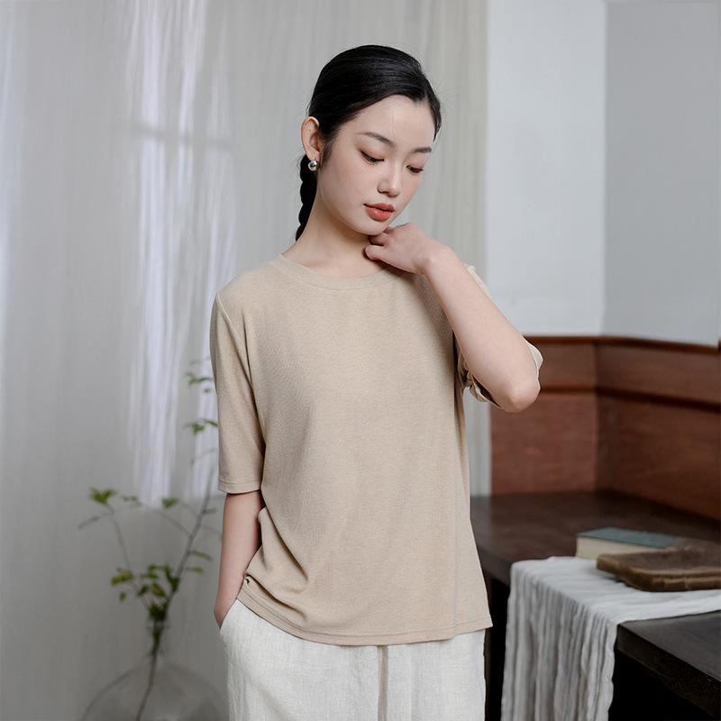 Tシャツ レディース ラウンドネック 半袖 ベーシック 着回し 無地 高級感 再生繊維 ウール混 リブ 肌触り良い 上品 きれいめ