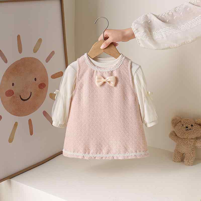 セットアップ 女の子 ベビー キッズ 新生児 ジャンパースカート サロペットスカート インナー トップス 長袖 コットン 綿混 柔らかい ソフトな肌触り 無地 韓国風 秋 2点セット