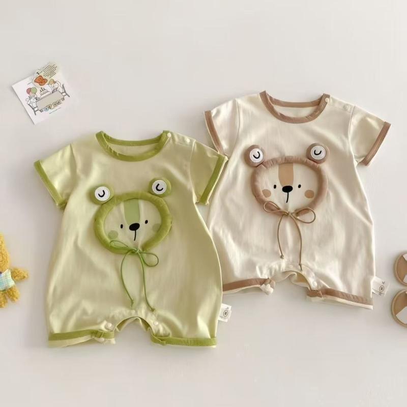 ベビー ロンパース 赤ちゃん 男女兼用 半袖 薄手 綿 コットン 通気性 柔らかい 立体 カエル キャラクター かわいい 韓国風 カバーオール プルオーバー 春夏 お出かけ 1歳 誕生日