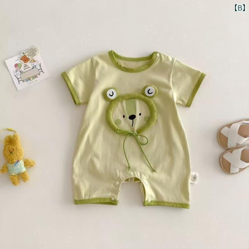 ベビー ロンパース 赤ちゃん 男女兼用 半袖 薄手 綿 コットン 通気性 柔らかい 立体 カエル キャラクター かわいい 韓国風 カバーオール プルオーバー 春夏 お出かけ 1歳 誕生日