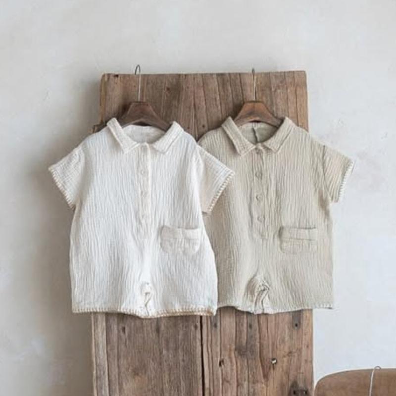 ロンパース カバーオール ベビー 新生児 接触冷感 通気性 吸水速乾 薄手 半袖 綿100% ガーゼ 柔らかい肌触り クリンクル加工 スモックデザイン 夏 韓国風 男女兼用