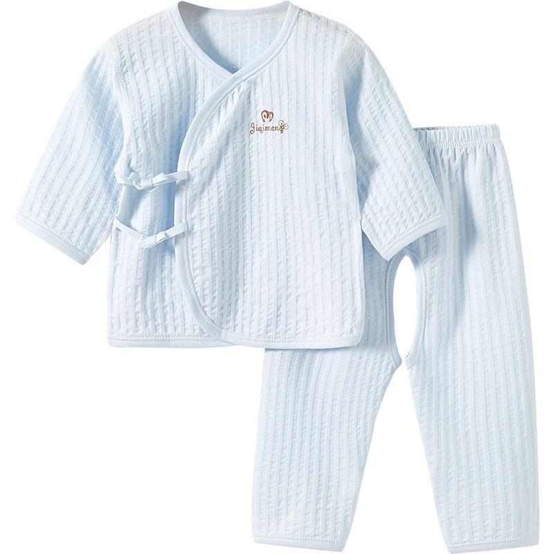 吸湿速乾 綿100% 薄手 ベビーパジャマ 新生児 0-3ヶ月 長袖 打ち合わせ 前開き 上下セット 春夏 男女兼用(x2)