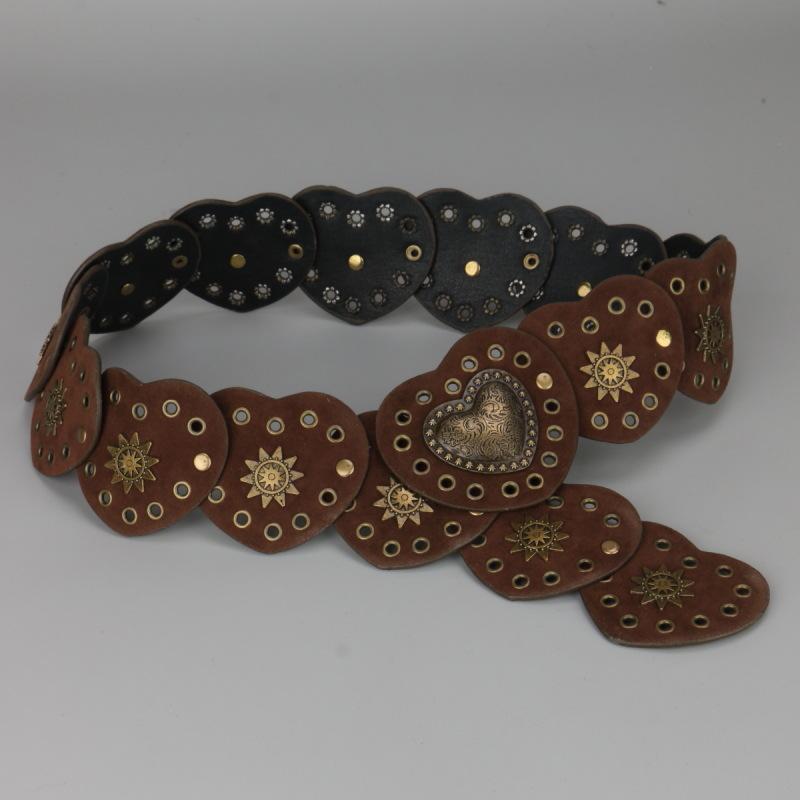 ベルト レディース 女性用 エスニック レトロ ヴィンテージ ハート柄 スタッズ 切り替え スエード調 幅広 ウエストマーク レザーベルト フック留め PUレザー ブラウン おしゃれ 電気メッキ加工