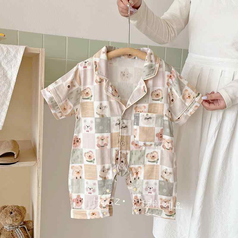 ロンパース 新生児 男の子 ベビー カバーオール 夏用 薄手 綿ガーゼ 半袖 冷房対策 部屋着 パジャマ ルームウェア 吸汗速乾 通気性 無縫製 スナップボタン カジュアル