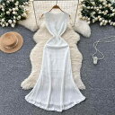 ワンピース レディース 女性用 Vネック ノースリーブ クロシェ 透かし編み ウエストマーク マーメイドロングスカート 韓国ファッション フェミニン 高級感 エレガント ニット 春夏