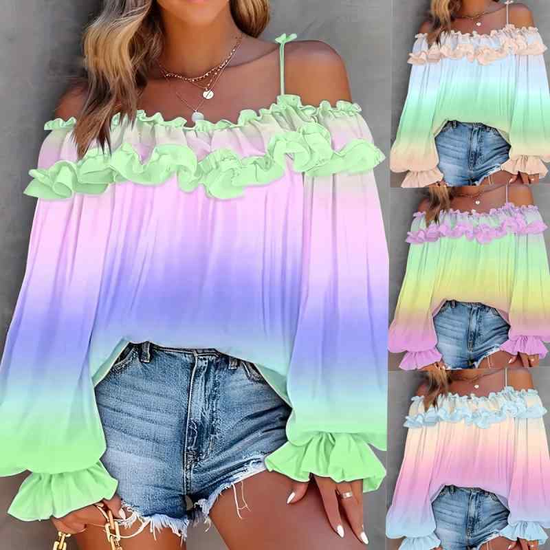 Tシャツ レディース 春夏 オフショルダー 配色 グラデーション フリル リボン プルオーバー 長袖 スリムフィット 大きいサイズ対応 カジュアル