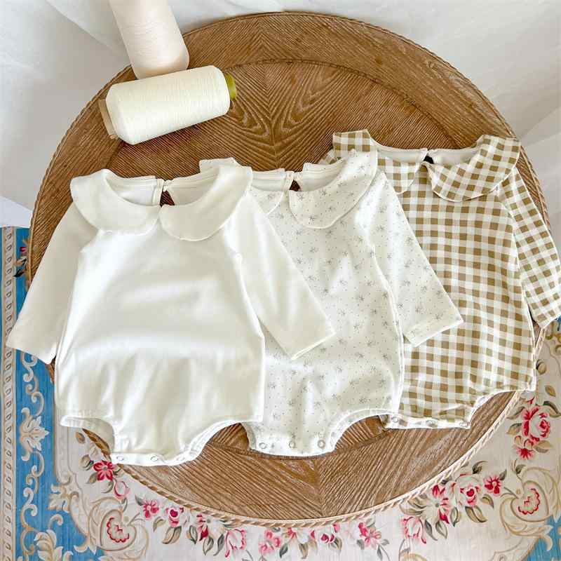 ロンパース ベビー 女の子 襟付き 長袖 綿 コットン チェック 小花柄 カバーオール ボディスーツ 春秋..